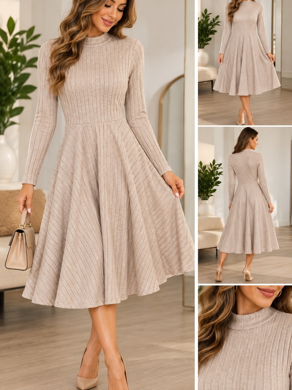 SHEIN Beige Ribbed Fit & Flare Midi Dress